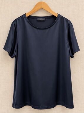 ’S Max Mara Rebecca Satin T-Shirt Navy Fluid Luxury Short Sleeve Top